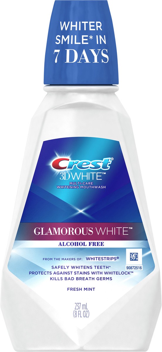 slide 3 of 5, Crest 3D White Glamorous White Alcohol Free Multi-Care Whitening Mouthwash, Fresh Mint, 8 fl. oz. (237 mL), 8 fl oz