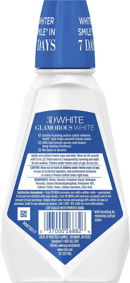 slide 4 of 5, Crest 3D White Glamorous White Alcohol Free Multi-Care Whitening Mouthwash, Fresh Mint, 8 fl. oz. (237 mL), 8 fl oz