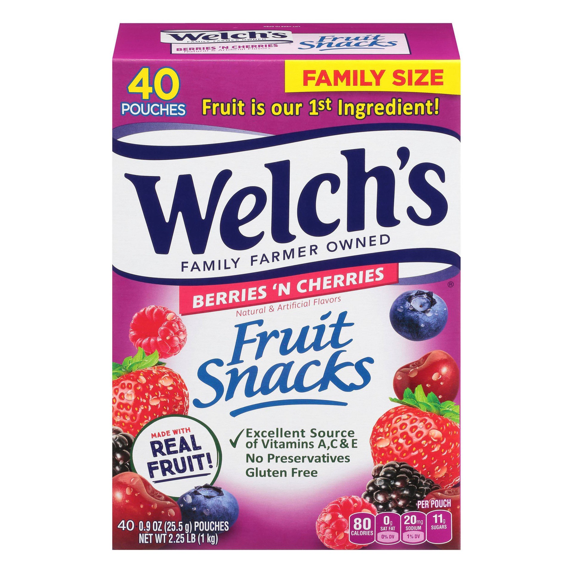 slide 1 of 14, Welch's Fruit Snacks, Berries 'N Cherries, 0.9 Ounce, 40 Pouches, 36 oz