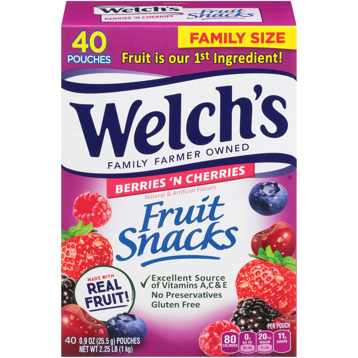 slide 1 of 14, Welch's Fruit Snacks, Berries 'N Cherries, 0.9 Ounce, 40 Pouches, 36 oz