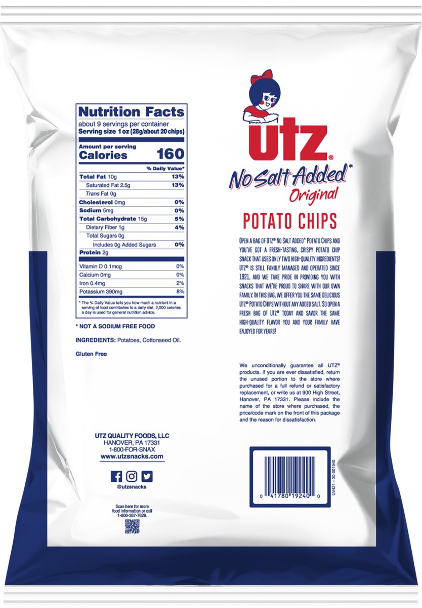 slide 3 of 7, Utz 8.5 oz Utz Original No Salt Added Potato Chips, 8.5 oz