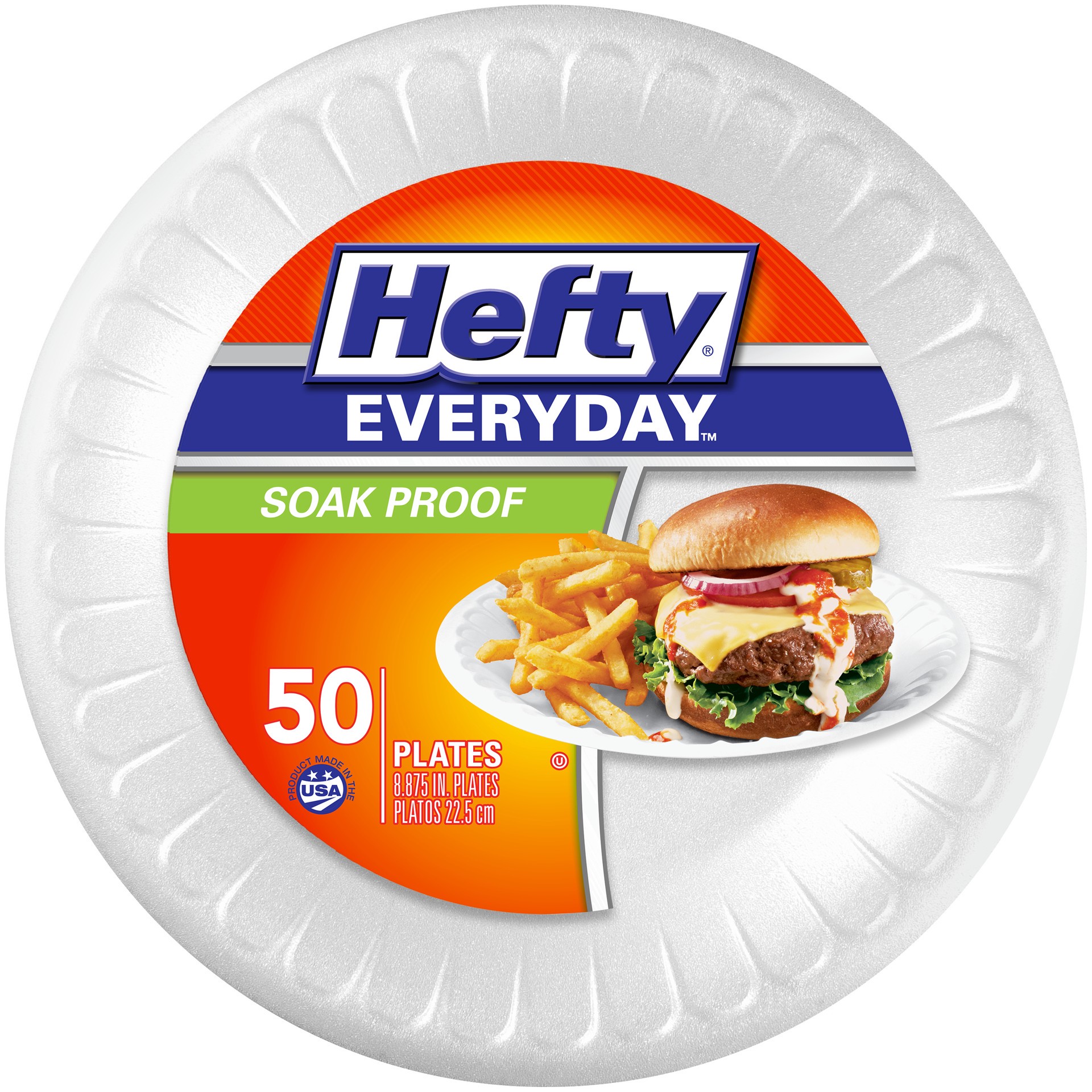 slide 1 of 7, Hefty Everyday Soak-Proof Foam Plates, White, 8.875 Inch, 50 Count, 0.48 lb