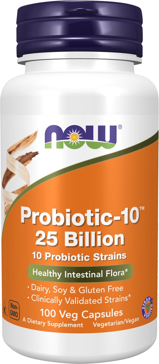 slide 4 of 4, NOW Supplements, Probiotic-10™, 25 Billion, with 10 Probiotic Strains, Dairy, Soy and Gluten Free, Strain Verified, 100 Veg Capsules, 100 ct