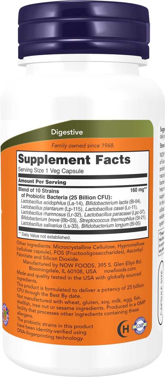 slide 2 of 4, NOW Supplements, Probiotic-10™, 25 Billion, with 10 Probiotic Strains, Dairy, Soy and Gluten Free, Strain Verified, 100 Veg Capsules, 100 ct