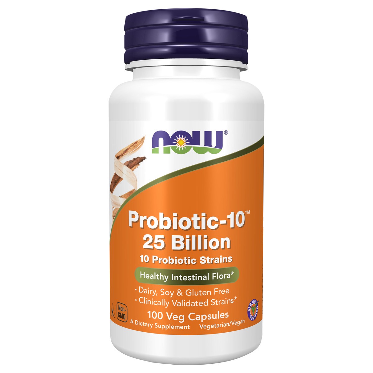 slide 1 of 4, NOW Supplements, Probiotic-10™, 25 Billion, with 10 Probiotic Strains, Dairy, Soy and Gluten Free, Strain Verified, 100 Veg Capsules, 100 ct