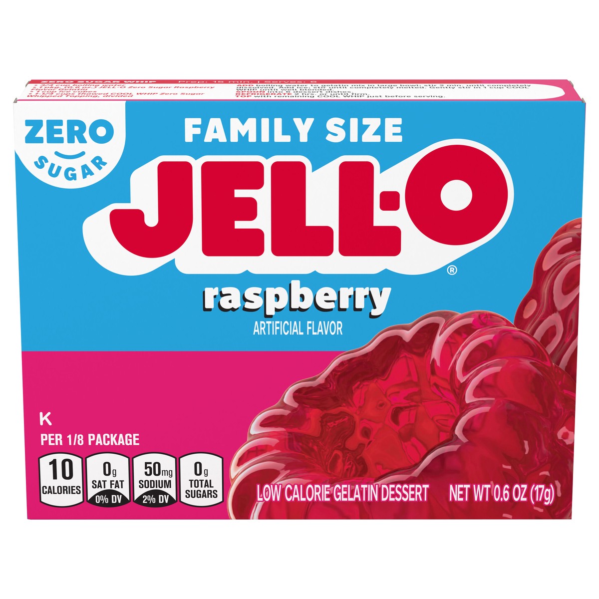 slide 1 of 14, Jell-O Raspberry Zero Sugar Gelatin Dessert Mix, Family Size, 0.6 oz Box, 0.6 oz