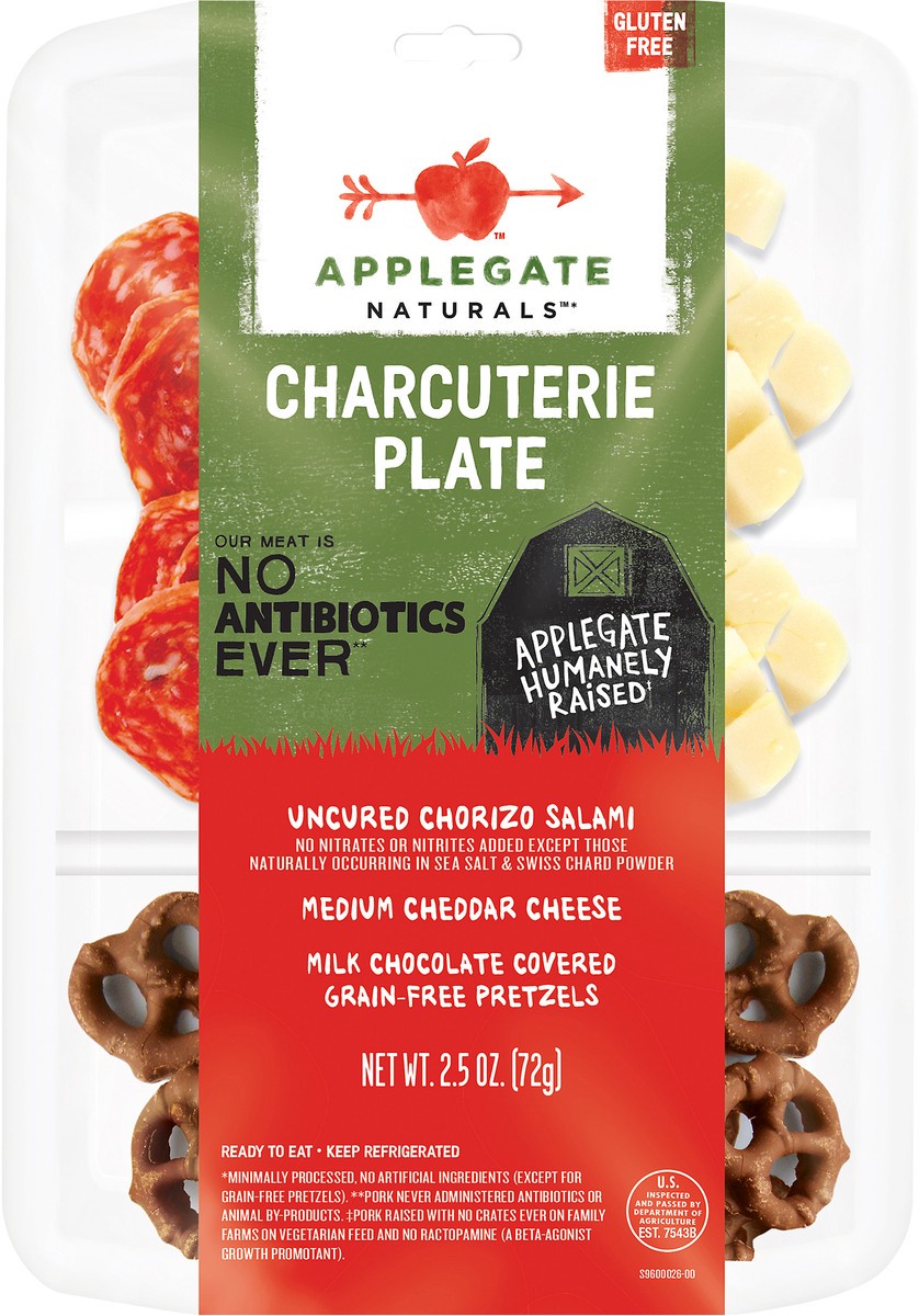 slide 7 of 9, Applegate Natural Charcuterie Plate Uncured Chorizo Salami, Cheddar Cheese & Grain-Free Chocolate Covered Pretzels, 2.5oz, 2.5 oz