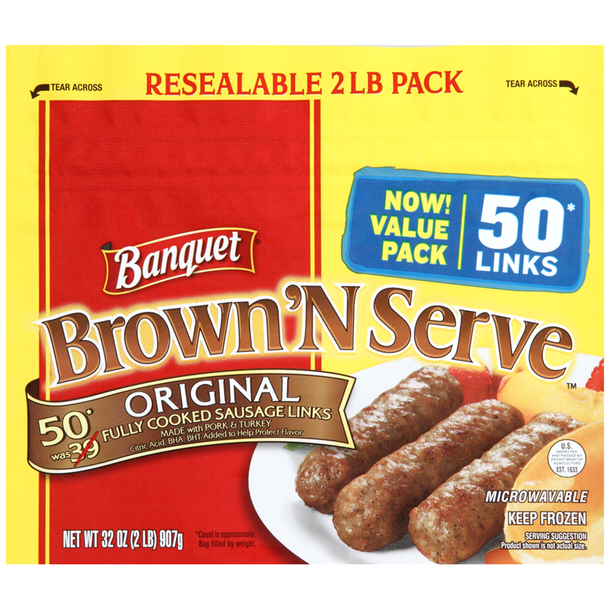 slide 1 of 1, Banquet Brown 'N Serve Original Fully Cooked Frozen Sausage Links, 32 oz