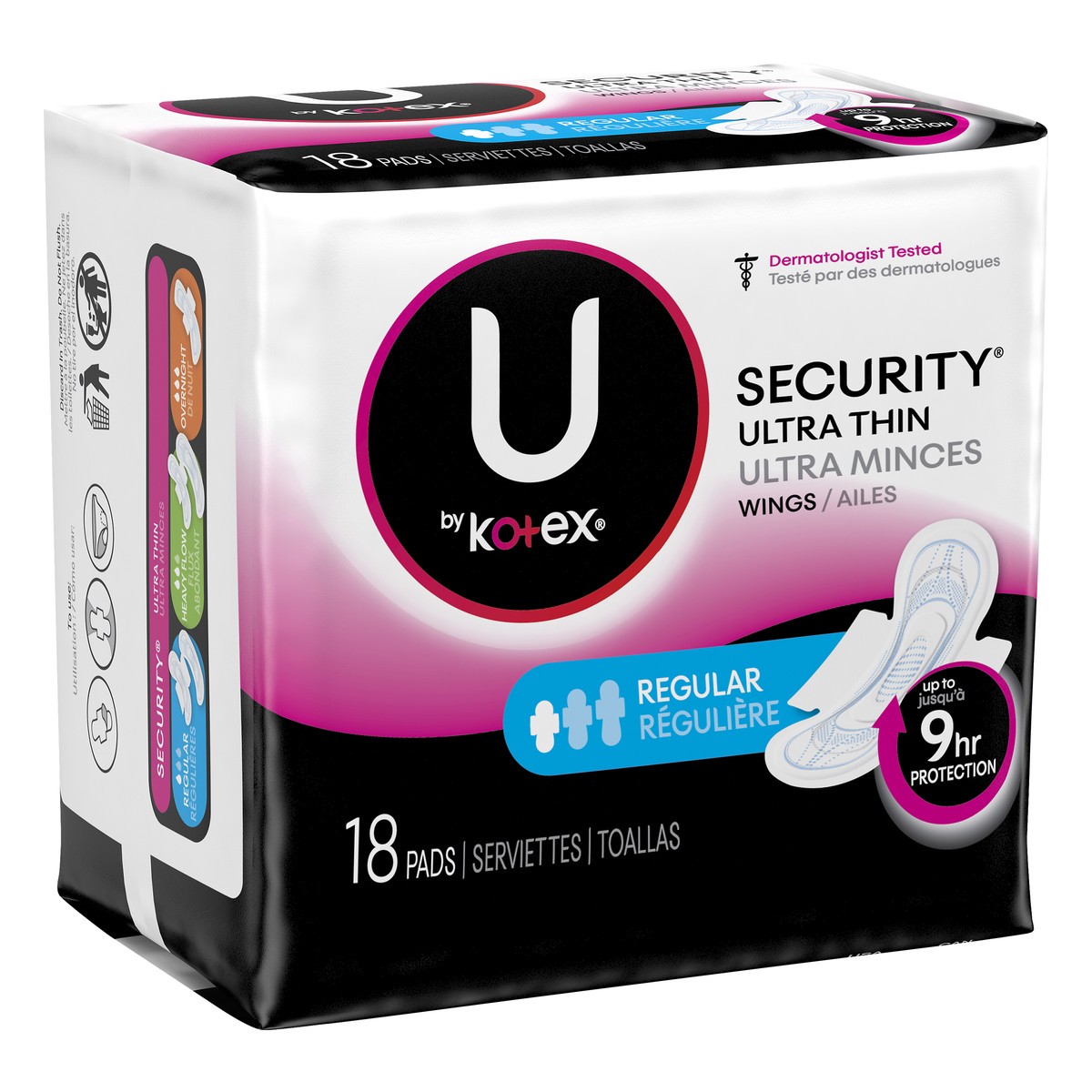 slide 2 of 8, Kotex U by Kotex Security Ultra Thin Pads with Wings, Regular, Unscented, 18 Count, 18 ct