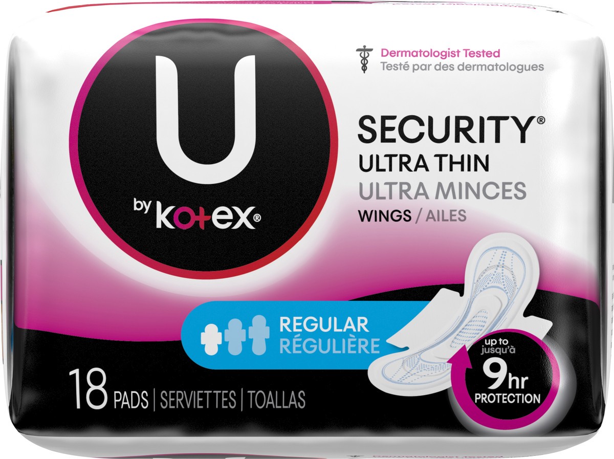 slide 4 of 8, Kotex U by Kotex Security Ultra Thin Pads with Wings, Regular, Unscented, 18 Count, 18 ct