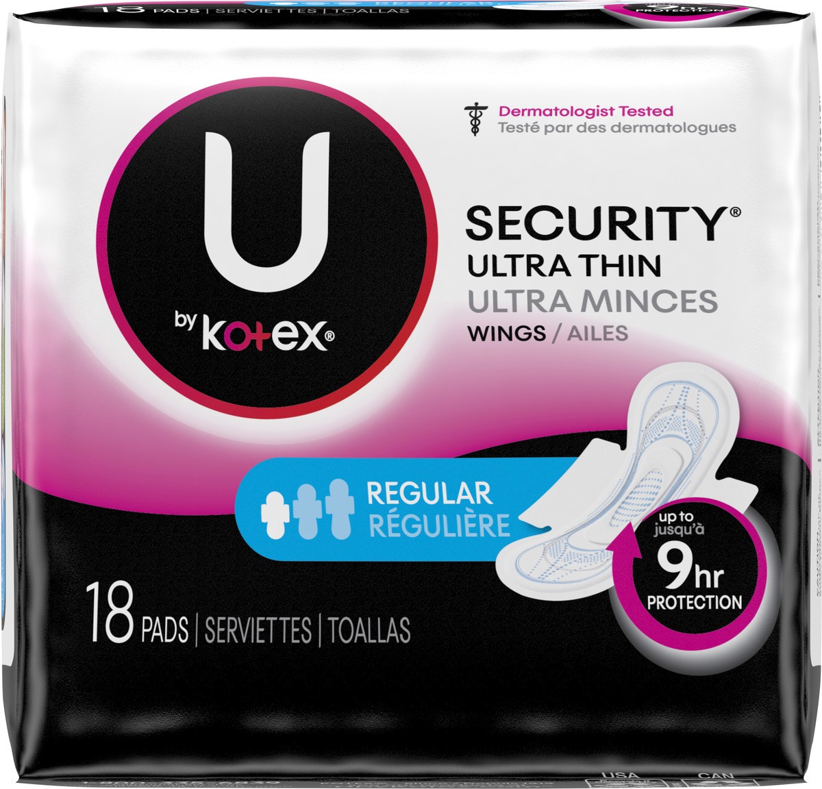 slide 7 of 8, Kotex U by Kotex Security Ultra Thin Pads with Wings, Regular, Unscented, 18 Count, 18 ct