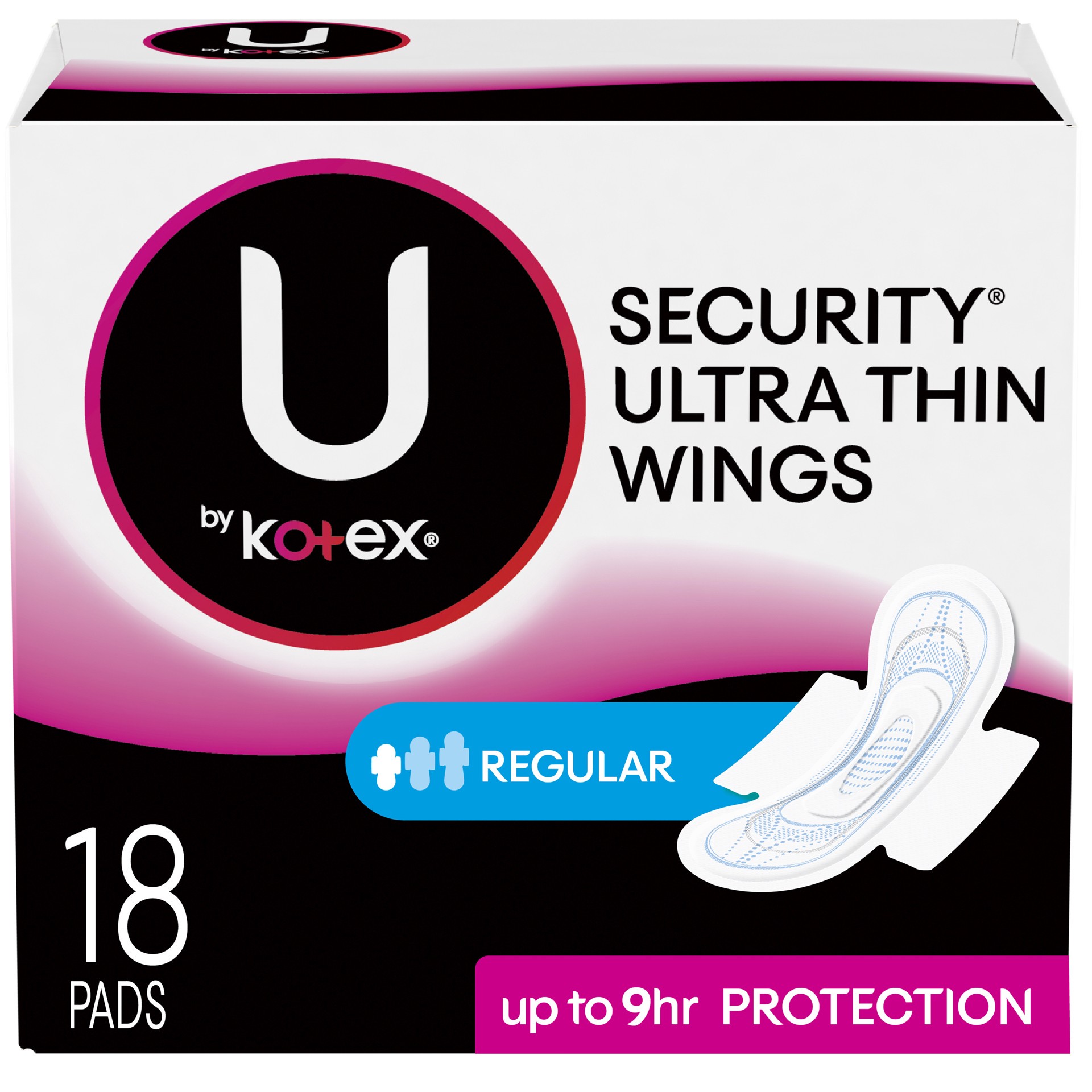 slide 1 of 8, Kotex U by Kotex Security Ultra Thin Pads with Wings, Regular, Unscented, 18 Count, 18 ct