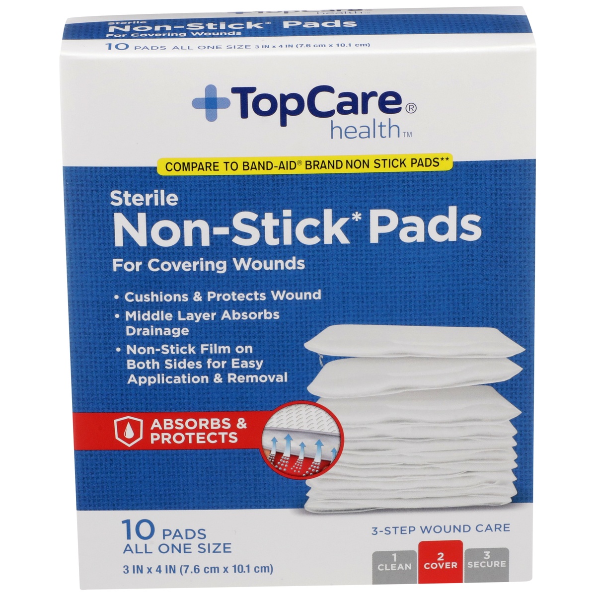 slide 1 of 1, TopCare Sterile Non-Stick Pads For Covering Wounds, 10 ct