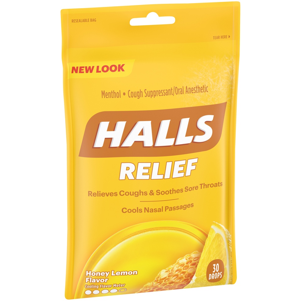slide 3 of 7, Halls Relief Honey Lemon Menthol Cough Drops, 30 ct