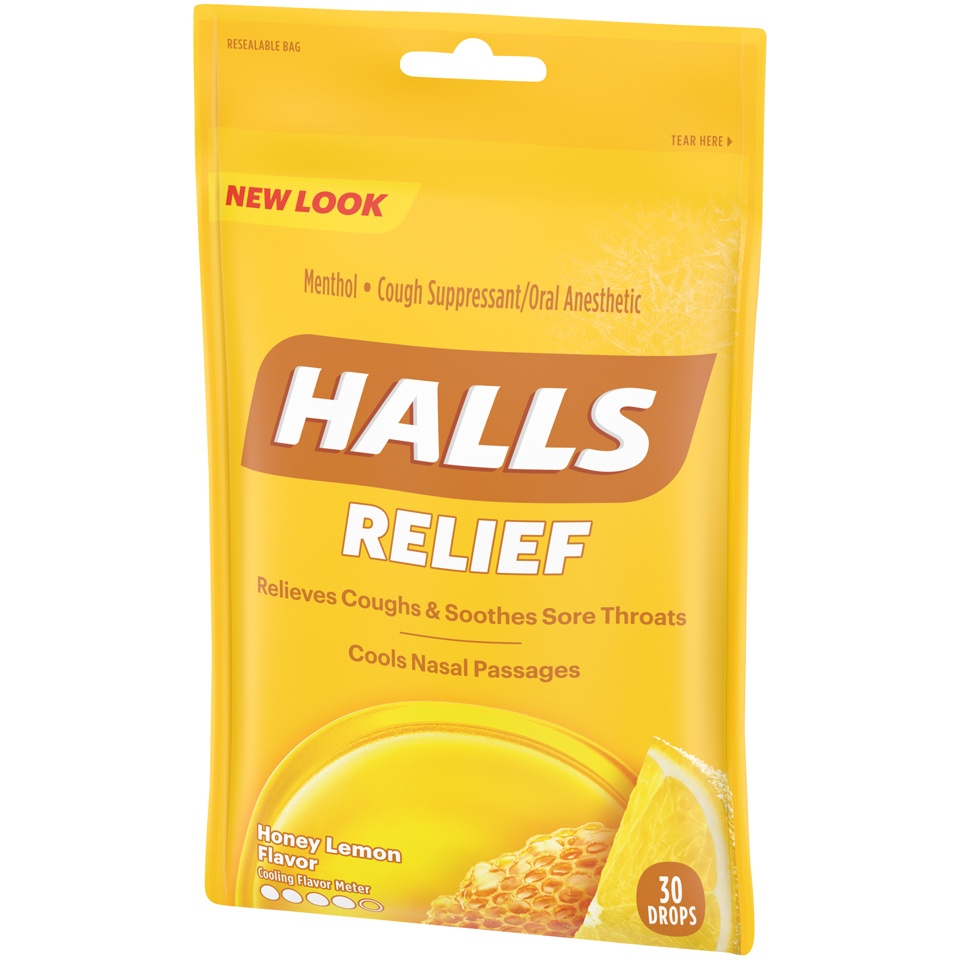 slide 4 of 7, Halls Relief Honey Lemon Menthol Cough Drops, 30 ct