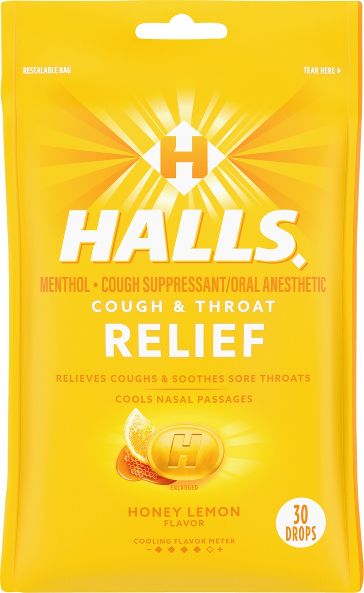 slide 6 of 9, HALLS Relief Honey Lemon Cough Drops, 30 Drops, 30 ct
