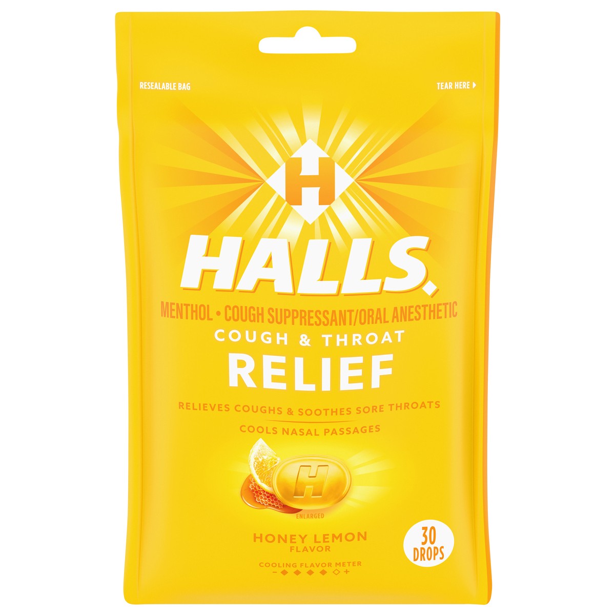 slide 1 of 9, HALLS Relief Honey Lemon Cough Drops, 30 Drops, 30 ct