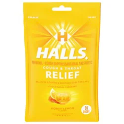 HALLS Cough and Throat Relief Honey Lemon Cough Drops, 30 Drops