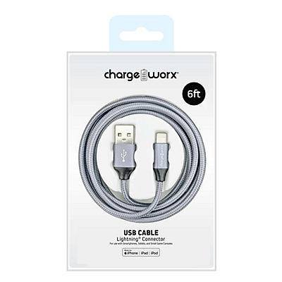 slide 1 of 1, Chargeworx Silver Lightning Connector USB Cable, 6 ft