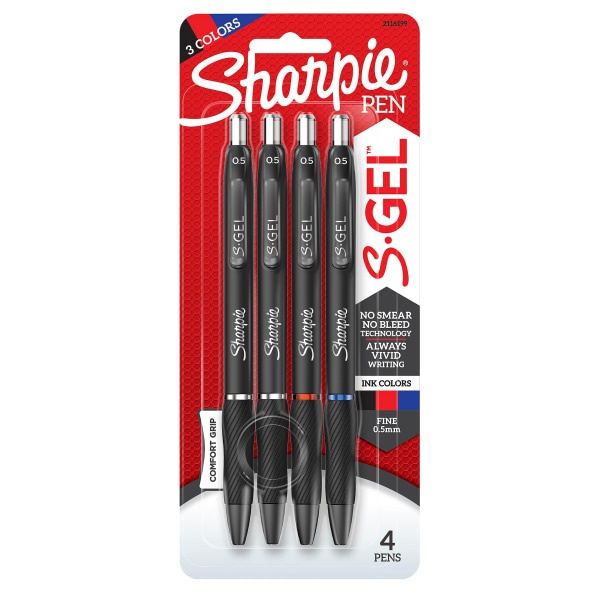 slide 1 of 7, Sharpie S Gel Pens, Fine Point, 0.5 Mm, Black Barrels, Assorted Ink, Pack Of 4 Pens, 4 ct