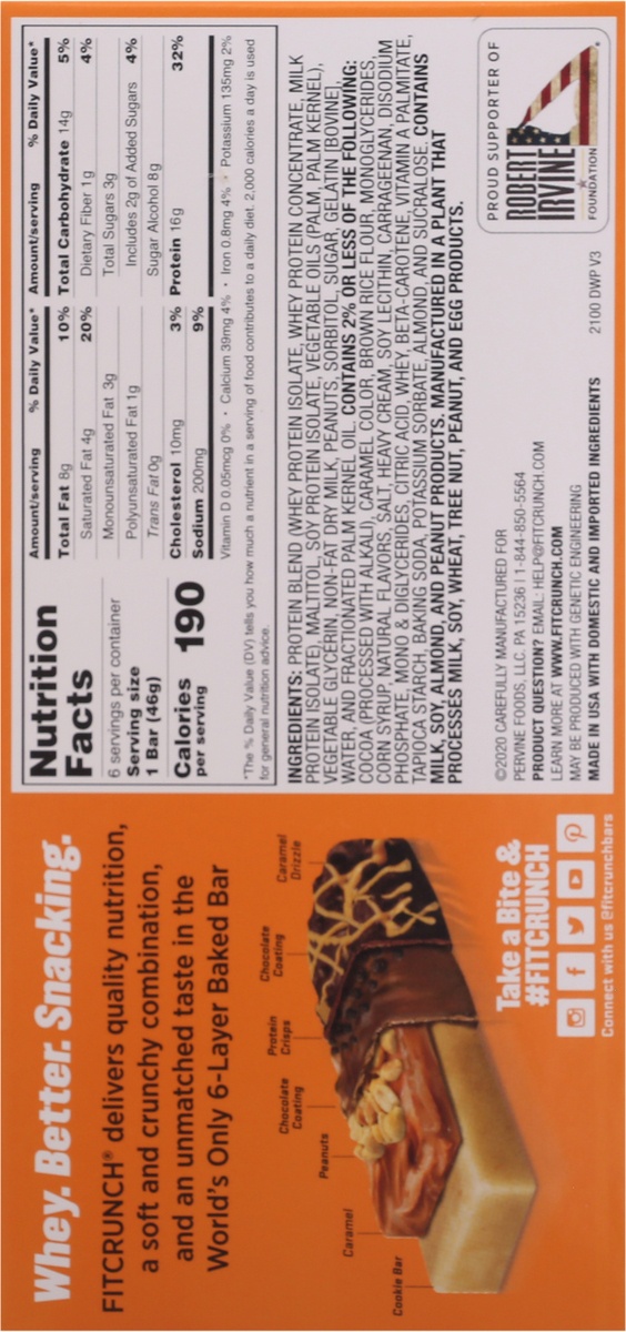 slide 2 of 9, Robert Irvine's Fit Crunch Caramel Peanut Whey Protein Bar, 6 ct; 9.73 oz