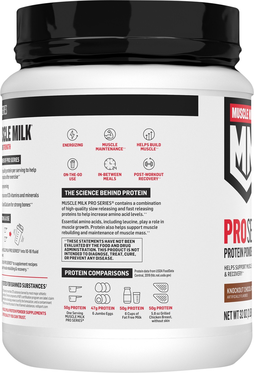 slide 3 of 3, Muscle Milk Pro Series Protein Powder Supplement Knockout Chocolate Artificially Flavored, 32 oz