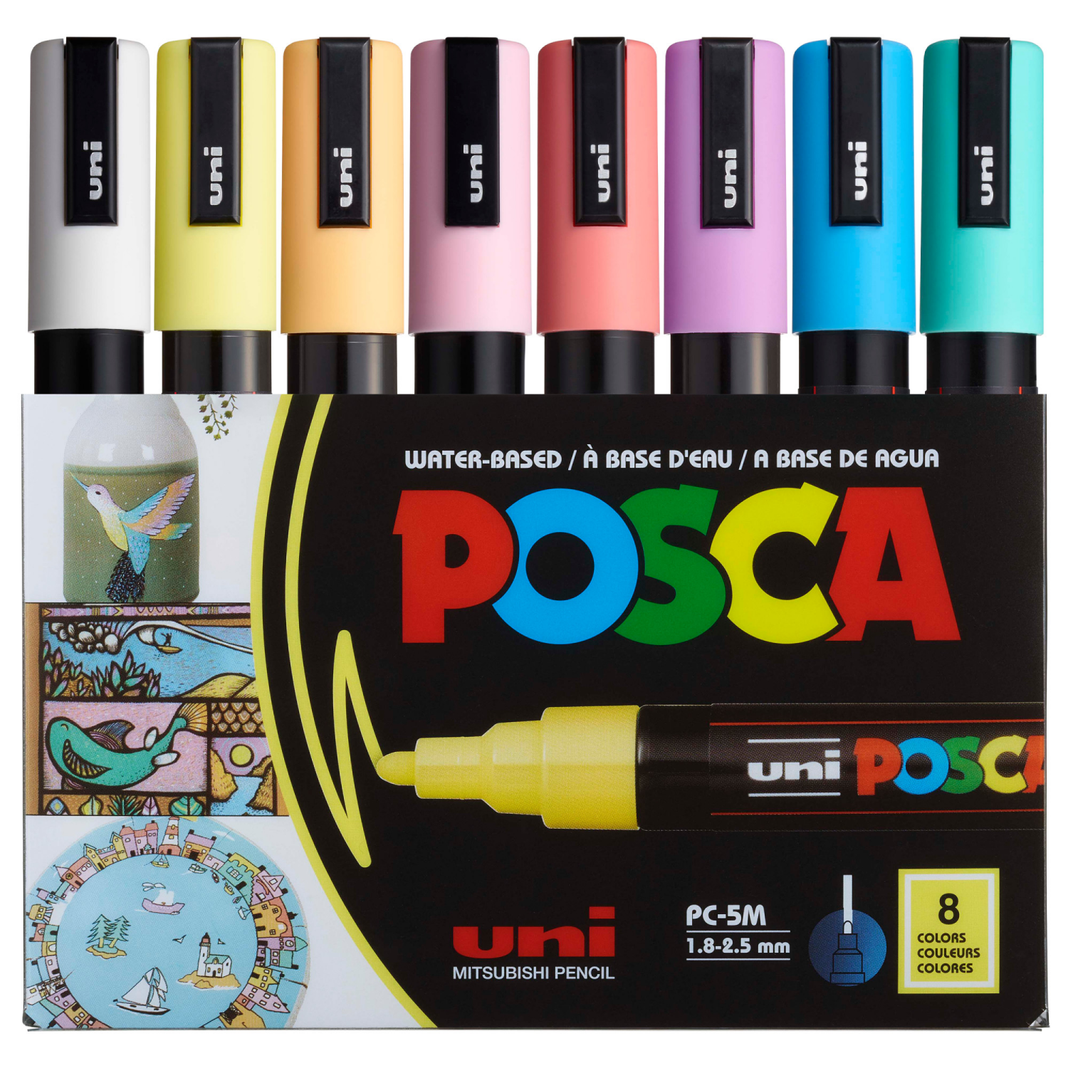 slide 1 of 8, Posca Pc-5br 8 Color Brush Tip Paint Marker Set, 1mm-4mm brush tips