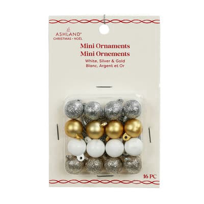 slide 1 of 3, Mini 15mm White, Silver & Gold Ball Ornaments, 16ct. By Ashland, 15mm