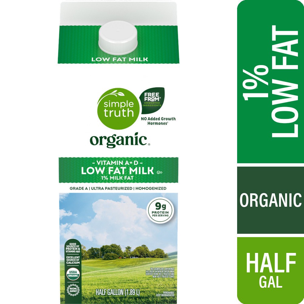 slide 1 of 1, Simple Truth Organic® 1% Lowfat Milk Half Gallon, 0.5 gal, 1/2 gal