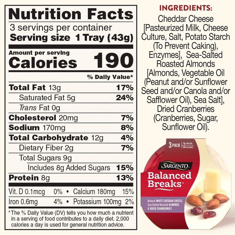 slide 4 of 7, Sargento Balanced Breaks Natural White Cheddar, Sea-Salted Roasted Almonds & Dried Cranberries - 4.5oz/3ct, 3 ct; 4.5 oz