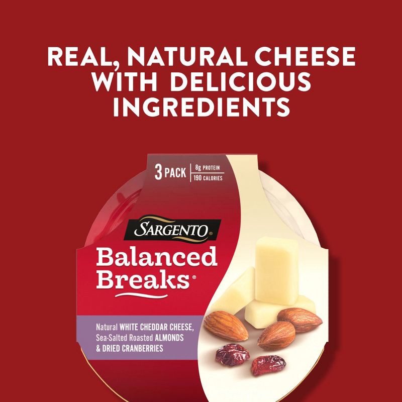 slide 5 of 7, Sargento Balanced Breaks Natural White Cheddar, Sea-Salted Roasted Almonds & Dried Cranberries - 4.5oz/3ct, 3 ct; 4.5 oz