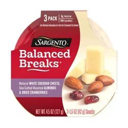 Sargento Balanced Breaks Natural White Cheddar, Sea-Salted Roasted Almonds & Dried Cranberries - 4.5oz/3ct