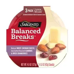 Sargento Balanced Breaks Natural White Cheddar, Sea-Salted Roasted Almonds & Dried Cranberries - 4.5oz/3ct