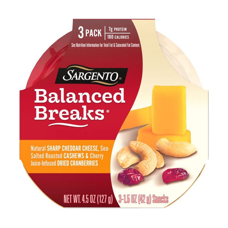 slide 1 of 7, Sargento Balanced Breaks Natural Sharp Cheddar, Sea-Salted Cashews & Cherry Juice-Infused Dried Cranberries - 4.5oz/3ct, 3 ct; 4.5 oz
