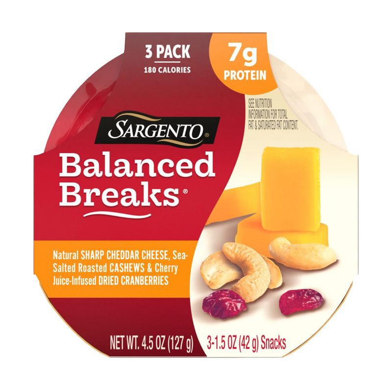 slide 1 of 1, Sargento Balanced Breaks Sharp Cheddar, Sea-Salted Cashews & Cherry Juice-Infused Dried Cranberries - 4.5oz/3ct, 4.5 oz; 3 ct