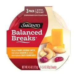 Sargento Balanced Breaks Natural Sharp Cheddar, Sea-Salted Cashews & Cherry Juice-Infused Dried Cranberries - 4.5oz/3ct