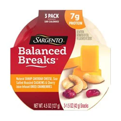 Sargento Balanced Breaks Sharp Cheddar, Sea-Salted Cashews & Cherry Juice-Infused Dried Cranberries - 4.5oz/3ct