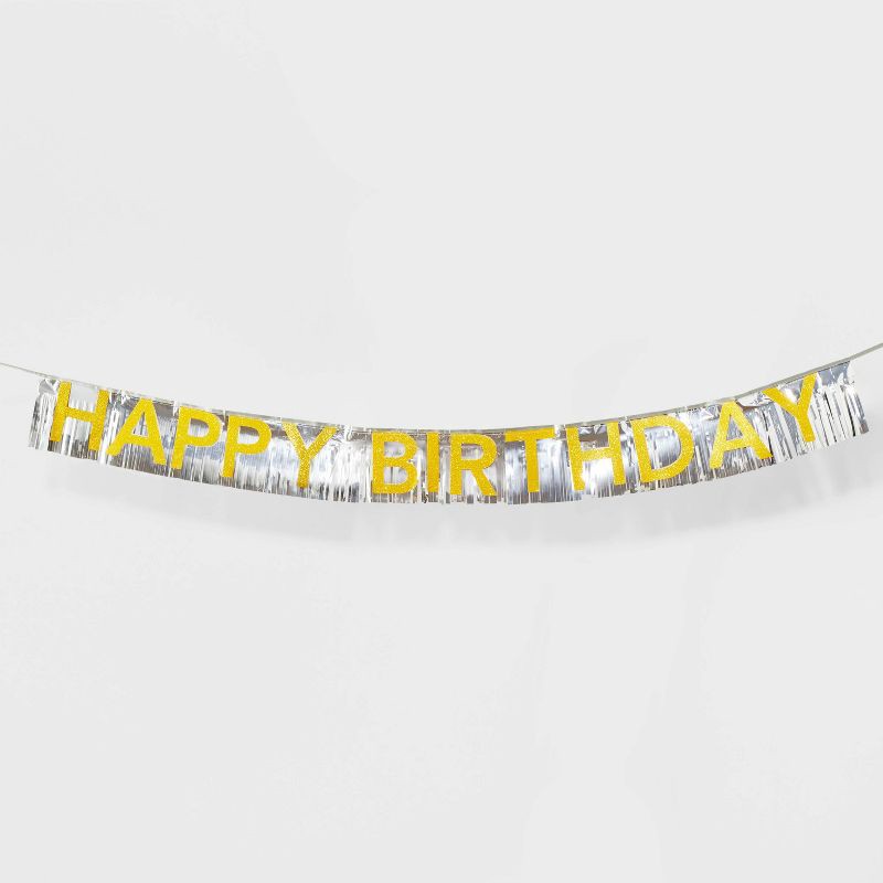 slide 1 of 4, Gold and Silver Happy Birthday Banner - Spritz™, 1 ct