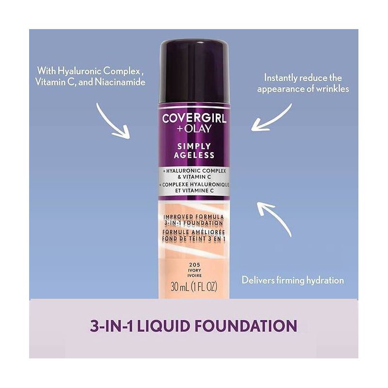 slide 7 of 7, COVERGIRL + Olay Simply Ageless 3-in-1 Liquid Foundation with Hyaluronic Complex + Vitamin C - 205 Ivory - 1 fl oz, 1 fl oz