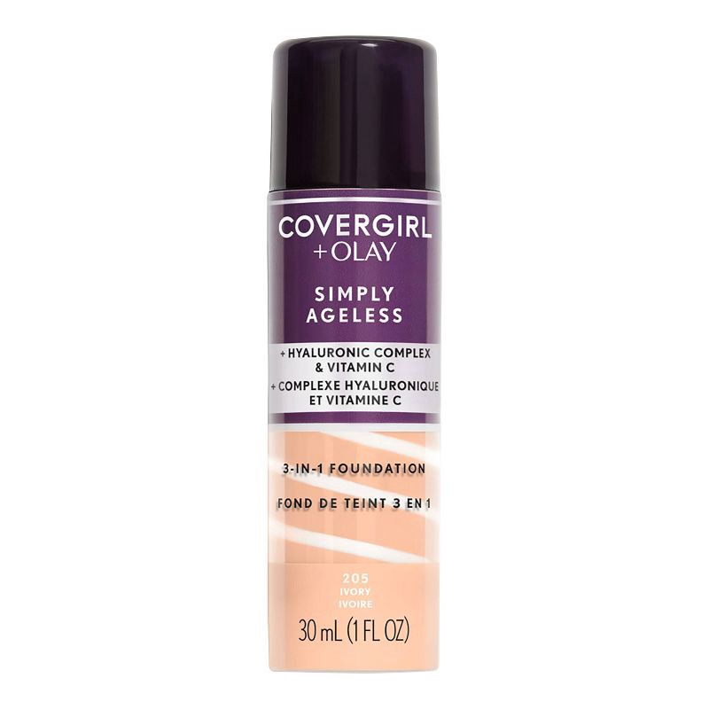 slide 1 of 7, COVERGIRL + Olay Simply Ageless 3-in-1 Liquid Foundation with Hyaluronic Complex + Vitamin C - 205 Ivory - 1 fl oz, 1 fl oz