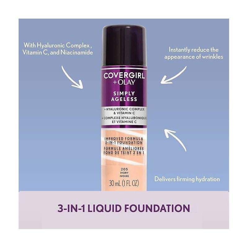 slide 5 of 7, COVERGIRL + Olay Simply Ageless 3-in-1 Liquid Foundation with Hyaluronic Complex + Vitamin C - 225 Buff Beige - 1 fl oz, 1 fl oz