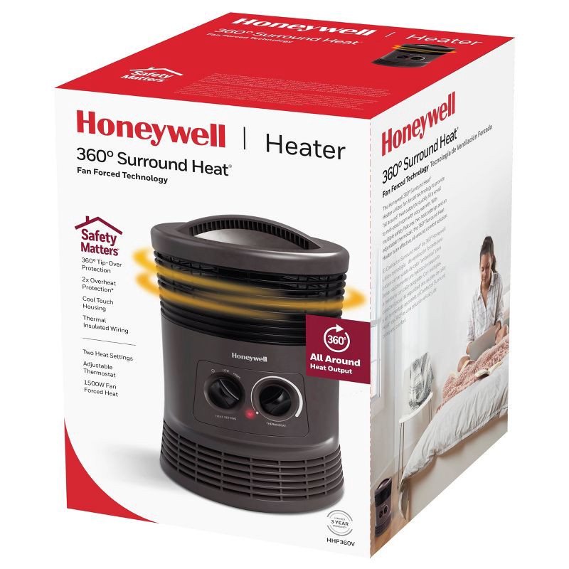 slide 2 of 10, Honeywell HHF360B 1500W 360˚ Surround Indoor Heater Black: Portable Space Heater for Bedroom, ETL Listed, Fan Driven, 1 ct