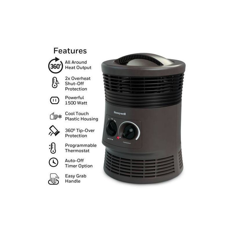 slide 5 of 12, Honeywell HHF360B 1500W 360˚ Surround Indoor Heater Black: Portable Space Heater for Bedroom, ETL Listed, Fan Driven, 1 ct