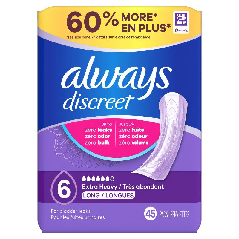 slide 2 of 9, Always Discreet Incontinence and Postpartum Incontinence Pads for Women - Extra Heavy Absorbency - Long Length - 45ct, 45 ct