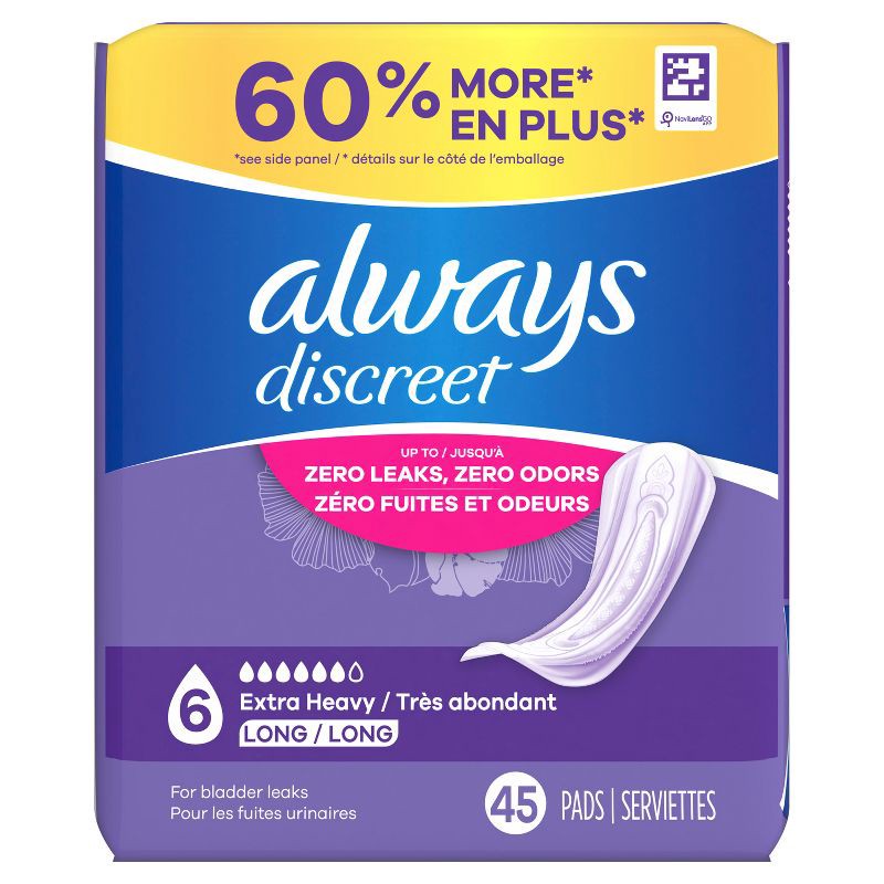 slide 2 of 9, Always Discreet Incontinence and Postpartum Incontinence Pads for Women - Extra Heavy Absorbency - Long Length - 45ct, 45 ct