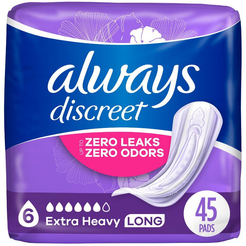 slide 1 of 9, Always Discreet Incontinence and Postpartum Incontinence Pads for Women - Extra Heavy Absorbency - Long Length - 45ct, 45 ct