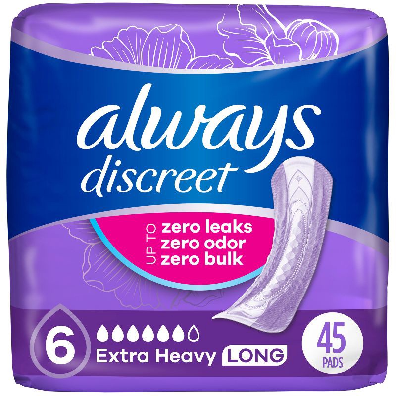 slide 1 of 9, Always Discreet Incontinence and Postpartum Incontinence Pads for Women - Extra Heavy Absorbency - Long Length - 45ct, 45 ct