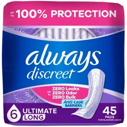 Always Discreet Incontinence and Postpartum Incontinence Pads for Women - Extra Heavy Absorbency - Long Length - 45ct
