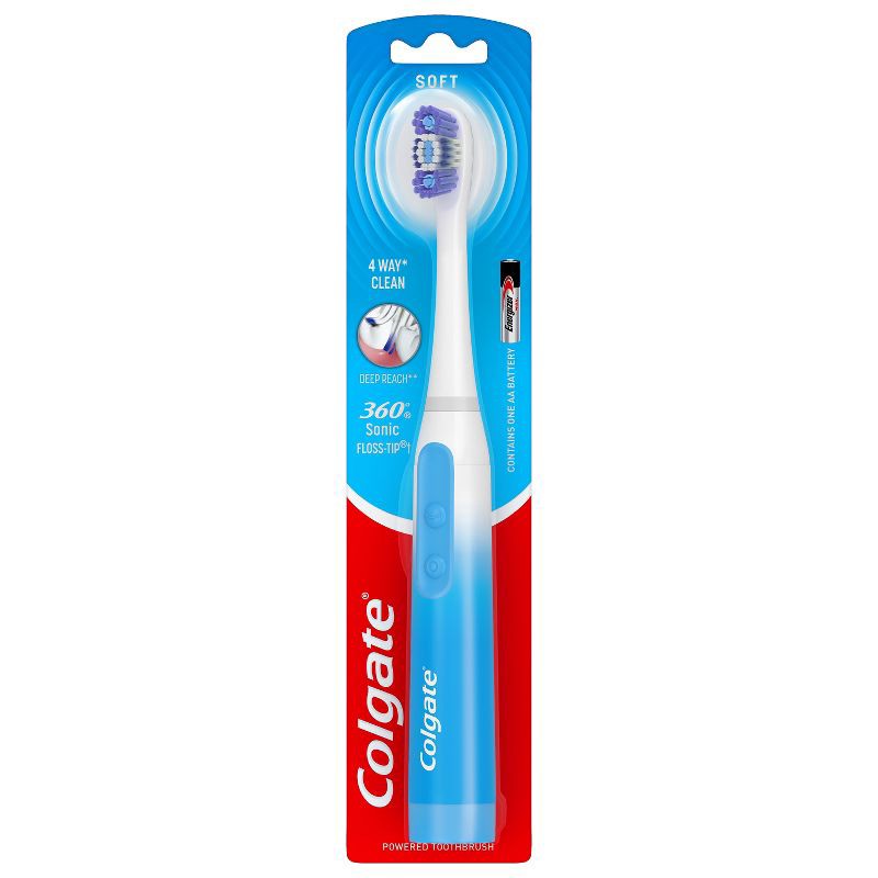 slide 1 of 8, Colgate 360 Floss Tip Deep Reach Bristles Sonic Powered Battery Soft Toothbrush, 1 ct