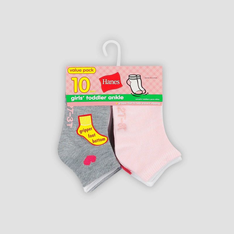 slide 2 of 4, Hanes Toddler Girls' 10pk Ankle Socks - Colors May Vary 2T-3T: Lightweight Knit, Breathable, Nonslip Grippers, 10 ct